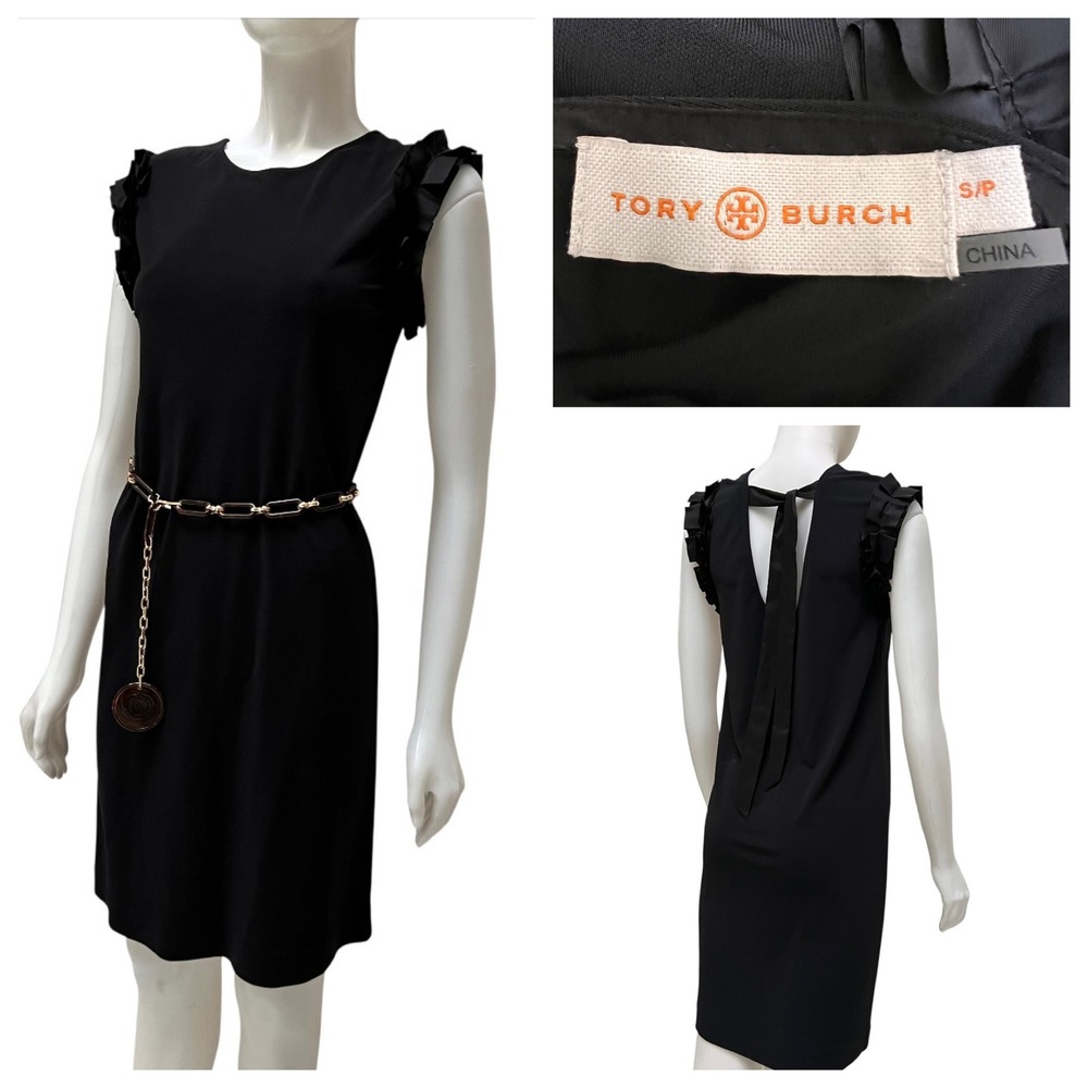 Tory Burch Black Ruffle Shoulder Bow Back Shift Dress Old Money Chic LBD‎ Sz S/P